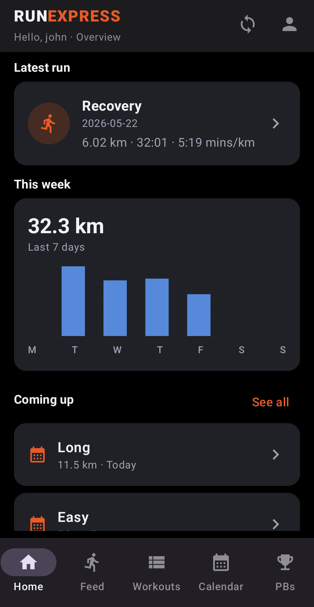 RunExpress Android home screen with today’s workout